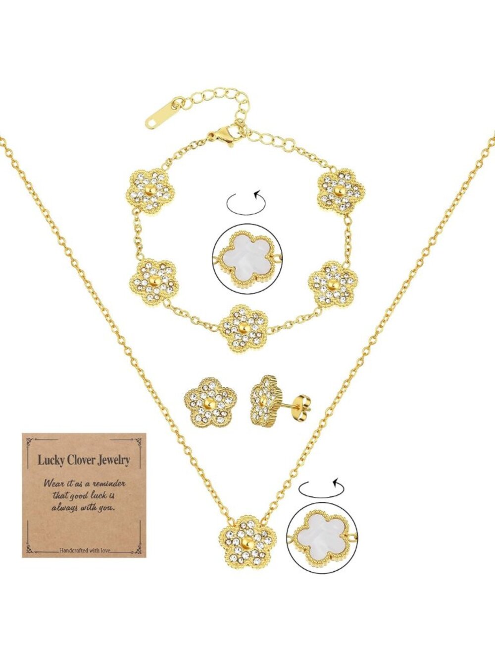 Double-Sided Clover Jewelry Set - 18K Gold Plated, Zircon Inlay, Adjustable Gift